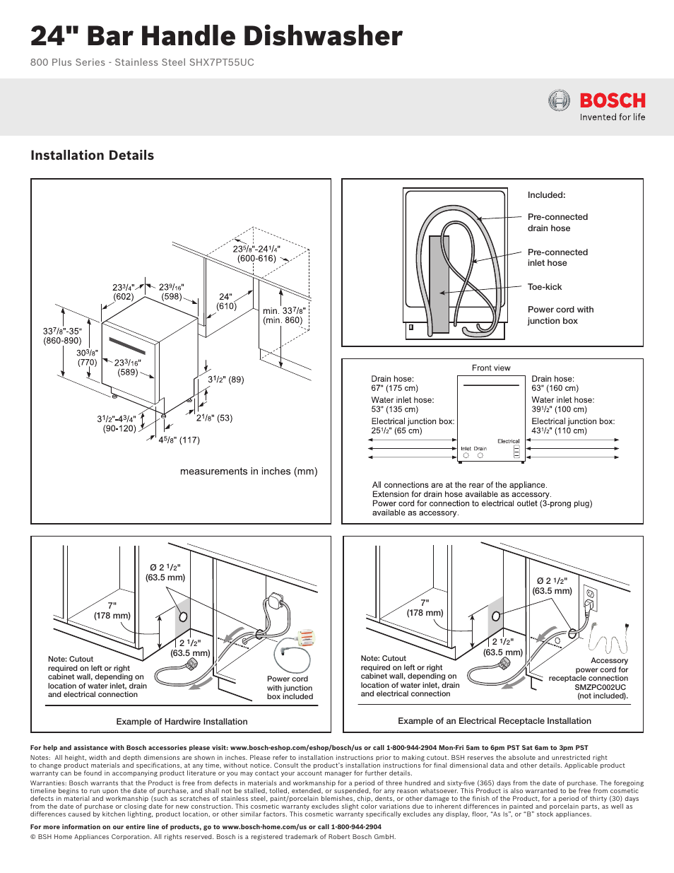 24" bar handle dishwasher, Installation details | Bosch SHX7PT55UC User Manual | Page 2 / 3