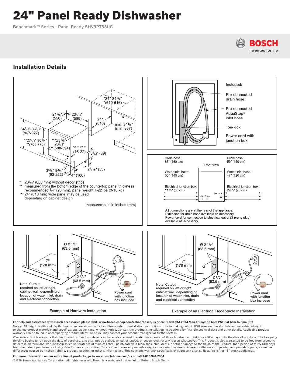 24" panel ready dishwasher, Installation details | Bosch SHV9PT53UC User Manual | Page 2 / 3