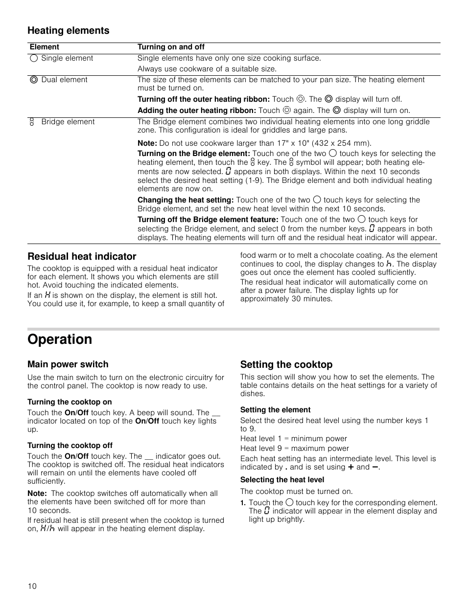 Heating elements, Residual heat indicator, Operation | Main power switch, Turning the cooktop on, Turning the cooktop off, Note, Setting the cooktop, Setting the element, Selecting the heat level | Bosch NET8666SUC User Manual | Page 10 / 56