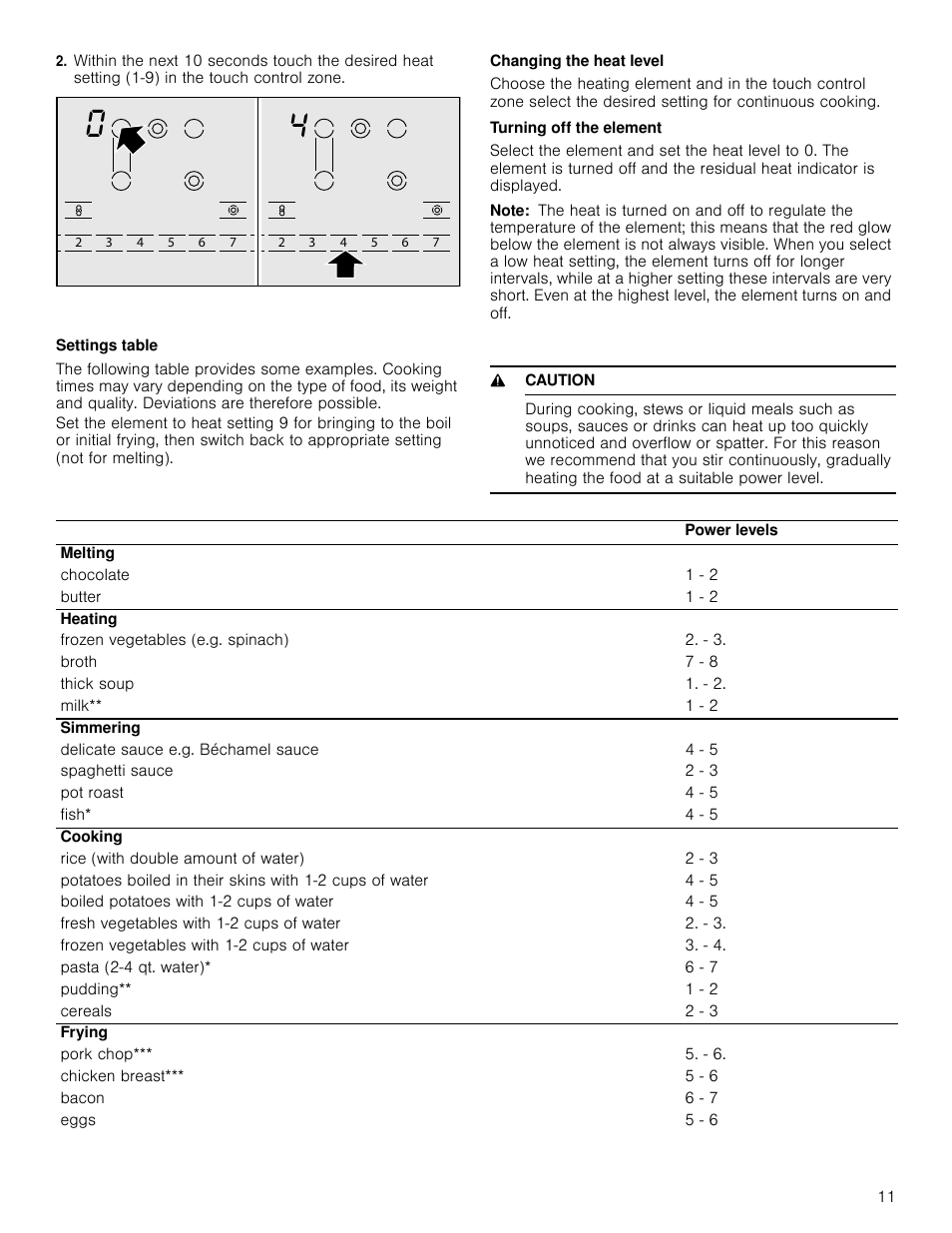 Changing the heat level, Turning off the element, Note | Settings table, 9 caution | Bosch NET8666SUC User Manual | Page 11 / 56