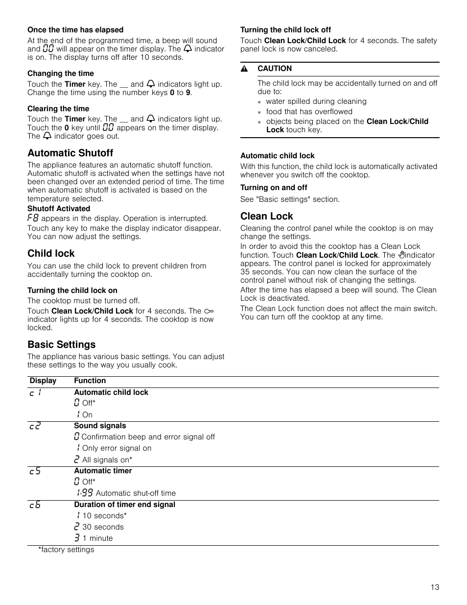 Once the time has elapsed, Changing the time, Clearing the time | Automatic shutoff, Child lock, Turning the child lock on, Turning the child lock off, 9 caution, Automatic child lock, Turning on and off | Bosch NET8666SUC User Manual | Page 13 / 56