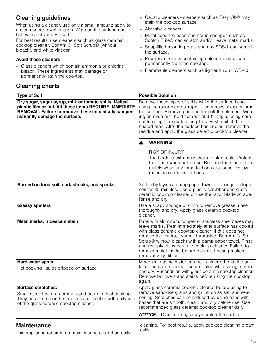 Cleaning guidelines, Avoid these cleaners, Cleaning charts | Risk of injury, Maintenance, Cleaning guidelines cleaning charts maintenance, Cleaning charts maintenance | Bosch NET8666SUC User Manual | Page 15 / 56