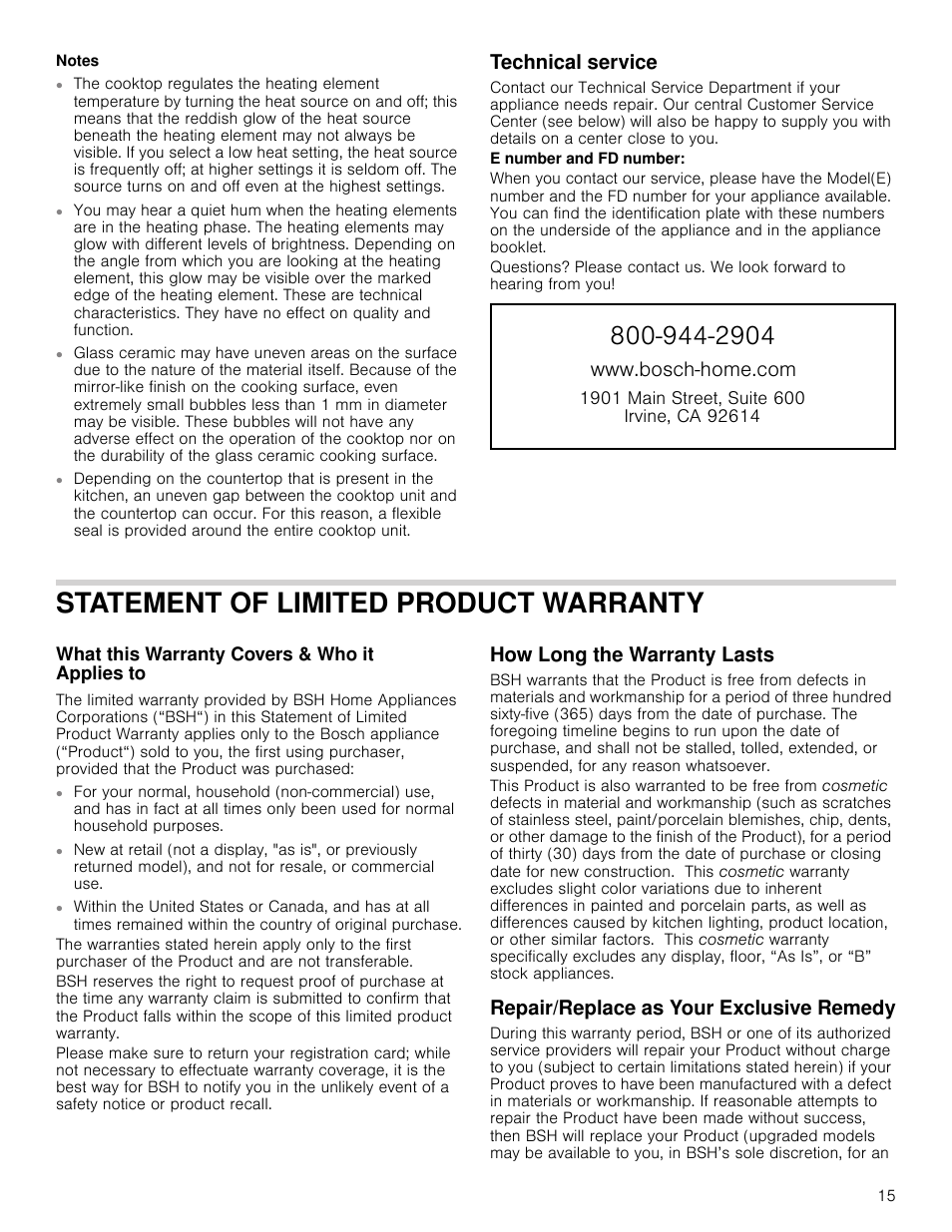 Statement of limited product warranty, Technical service, How long the warranty lasts | Repair/replace as your exclusive remedy, Zzzervfkkrphfrp | Bosch NET8666SUC User Manual | Page 17 / 56