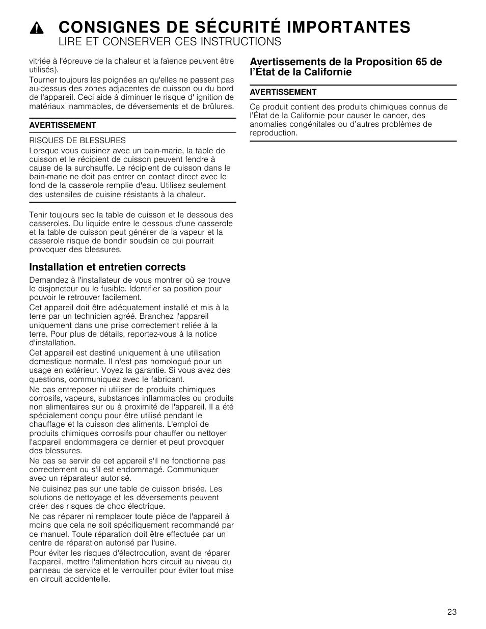 Avertissement, Risques de blessures, Installation et entretien corrects | De l’état de la californie, Consignes de sécurité importantes, Lire et conserver ces instructions | Bosch NET8666SUC User Manual | Page 23 / 56