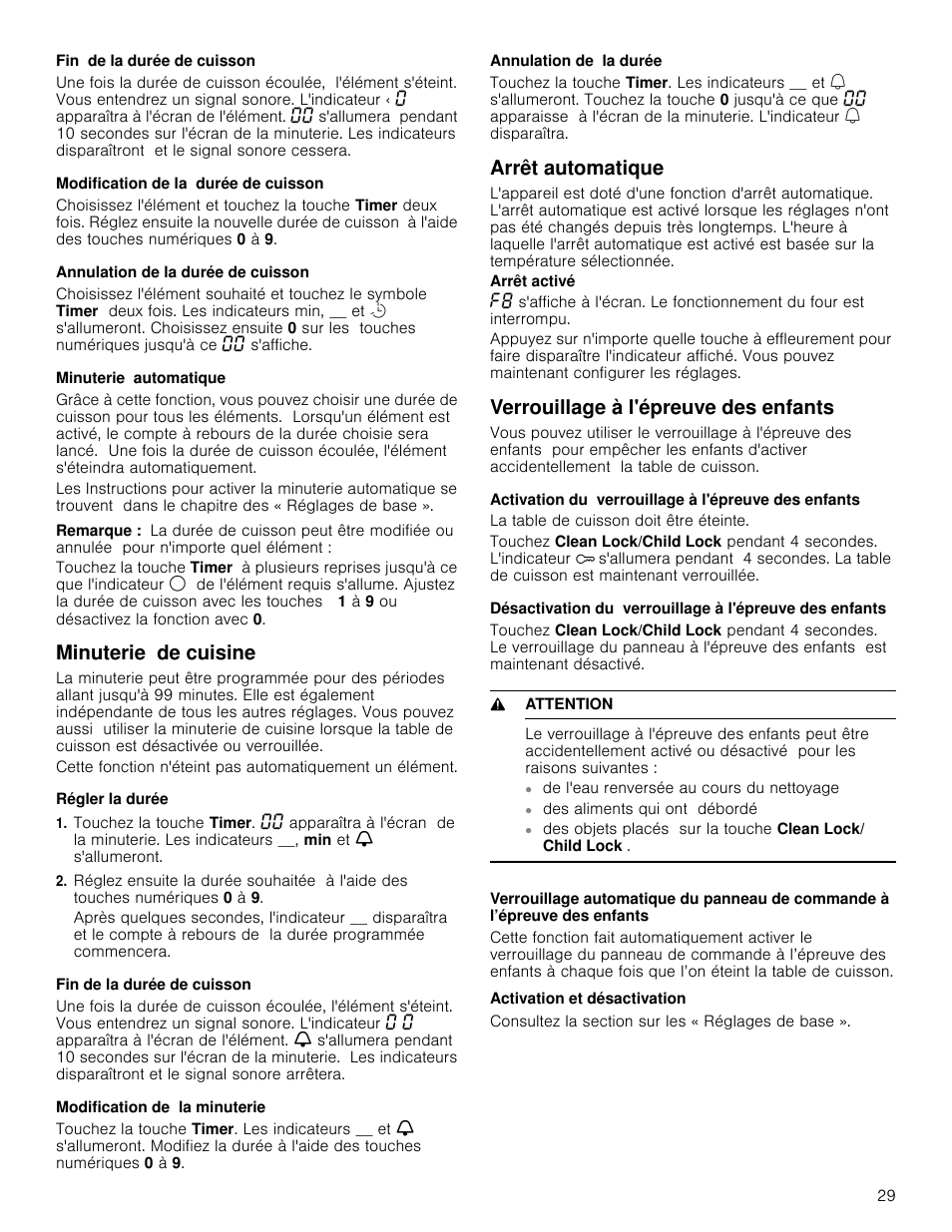Fin de la durée de cuisson, Modification de la durée de cuisson, Annulation de la durée de cuisson | Minuterie automatique, Remarque, Minuterie de cuisine, Régler la durée, Modification de la minuterie, Annulation de la durée, Arrêt automatique | Bosch NET8666SUC User Manual | Page 29 / 56