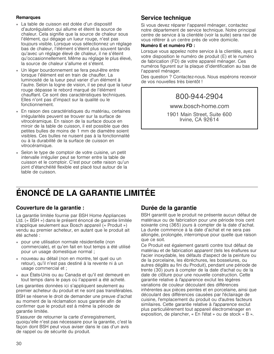 Énoncé de la garantie limitée, Service technique, Durée de la garantie | Zzzervfkkrphfrp | Bosch NET8666SUC User Manual | Page 34 / 56
