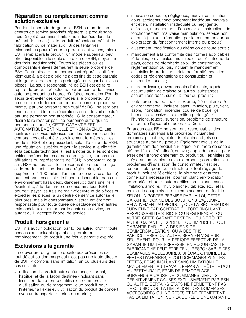 Produit hors garantie, Exclusions à la garantie | Bosch NET8666SUC User Manual | Page 35 / 56