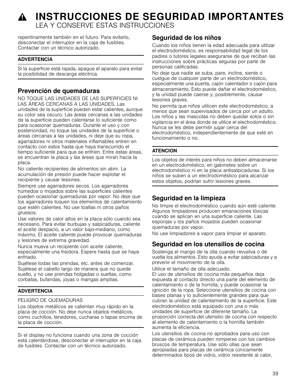 Advertencia, Prevención de quemaduras, Peligro de quemaduras | Seguridad de los niños, Atencion, Seguridad en la limpieza, Seguridad en los utensilios de cocina, Instrucciones de seguridad importantes, Lea y conserve estas instrucciones | Bosch NET8666SUC User Manual | Page 39 / 56