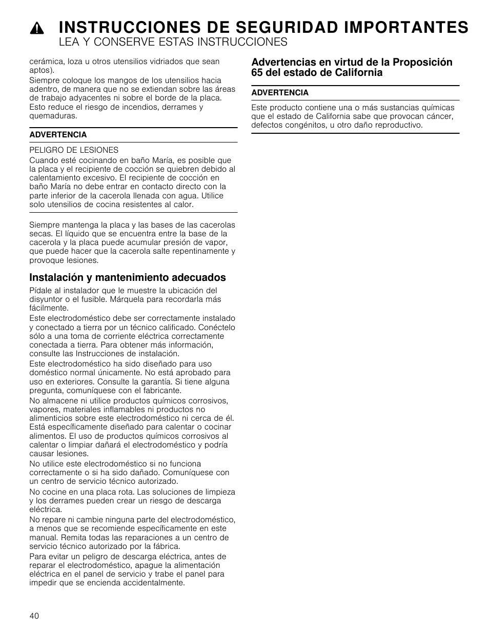 Advertencia, Peligro de lesiones, Instalación y mantenimiento adecuados | Del estado de california, Instrucciones de seguridad importantes, Lea y conserve estas instrucciones | Bosch NET8666SUC User Manual | Page 40 / 56