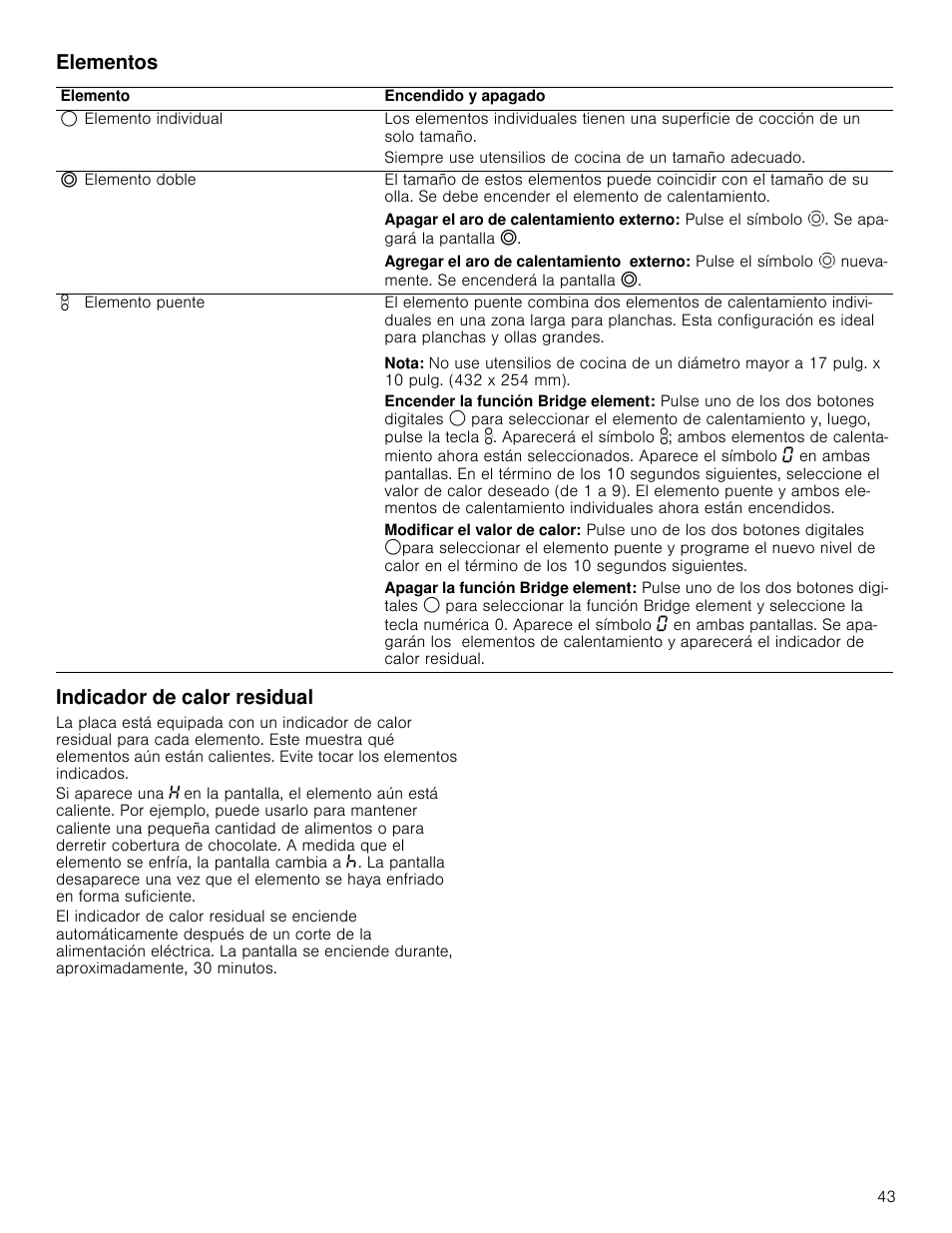Elementos, Indicador de calor residual, Elementos indicador de calor residual | Bosch NET8666SUC User Manual | Page 43 / 56