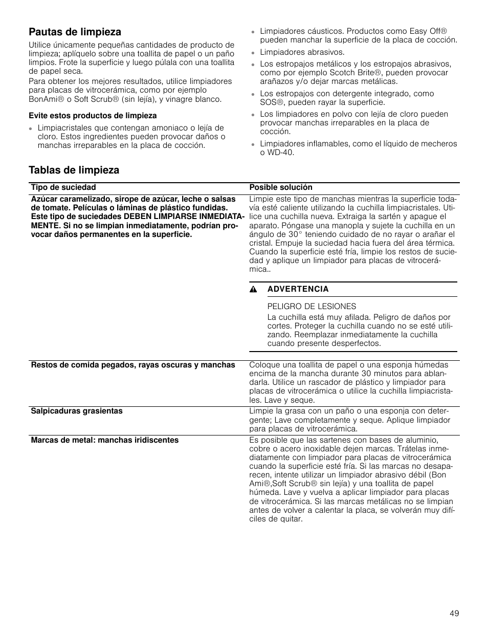 Pautas de limpieza, Evite estos productos de limpieza, Tablas de limpieza | Peligro de lesiones, Pautas de limpieza tablas de limpieza | Bosch NET8666SUC User Manual | Page 49 / 56