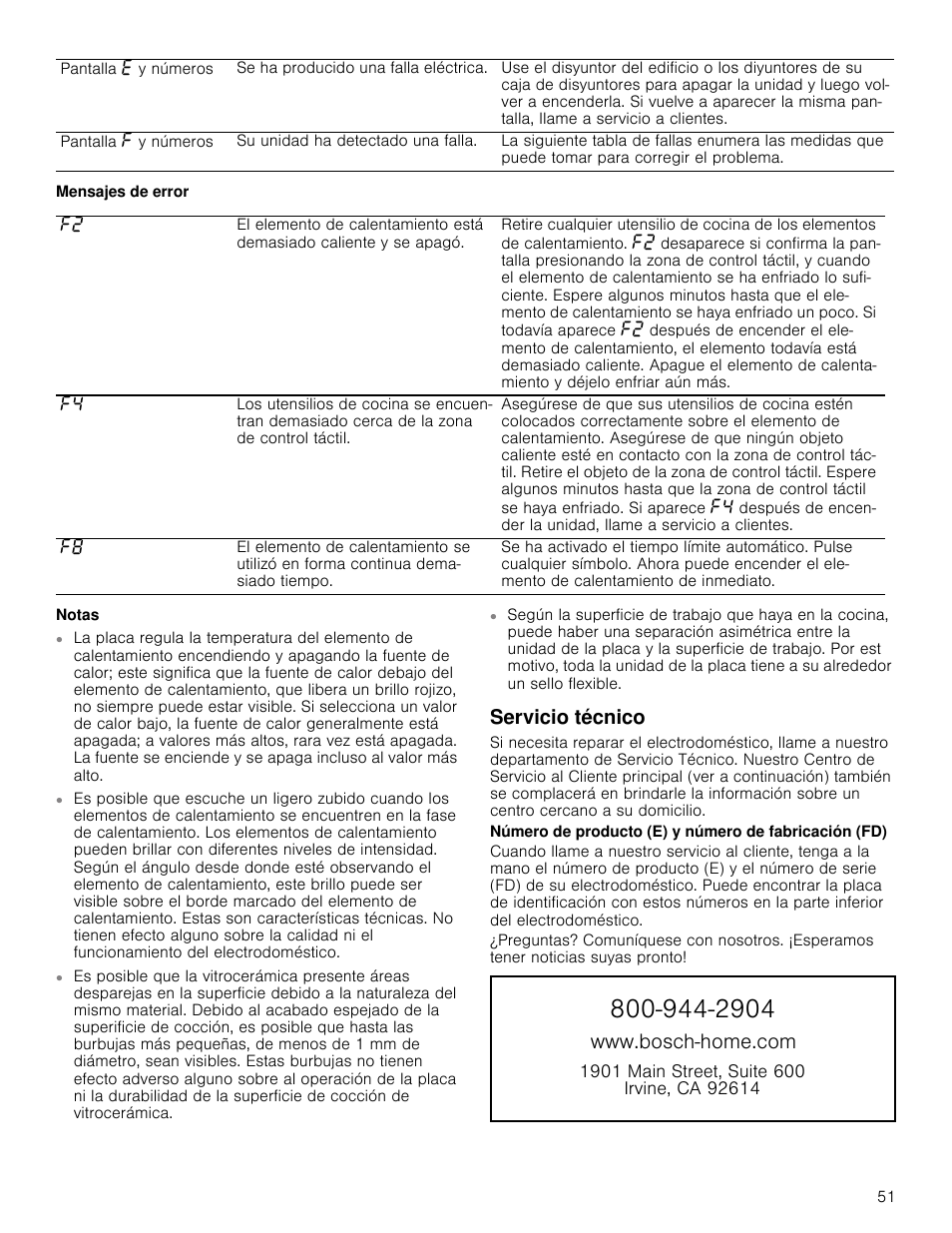 Mensajes de error, Notas, Servicio técnico | Zzzervfkkrphfrp | Bosch NET8666SUC User Manual | Page 51 / 56