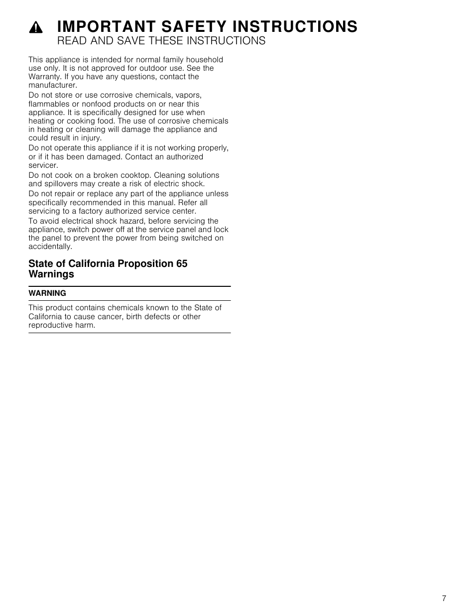 State of california proposition 65 warnings, Warning, Important safety instructions | Read and save these instructions | Bosch NET8666SUC User Manual | Page 7 / 56