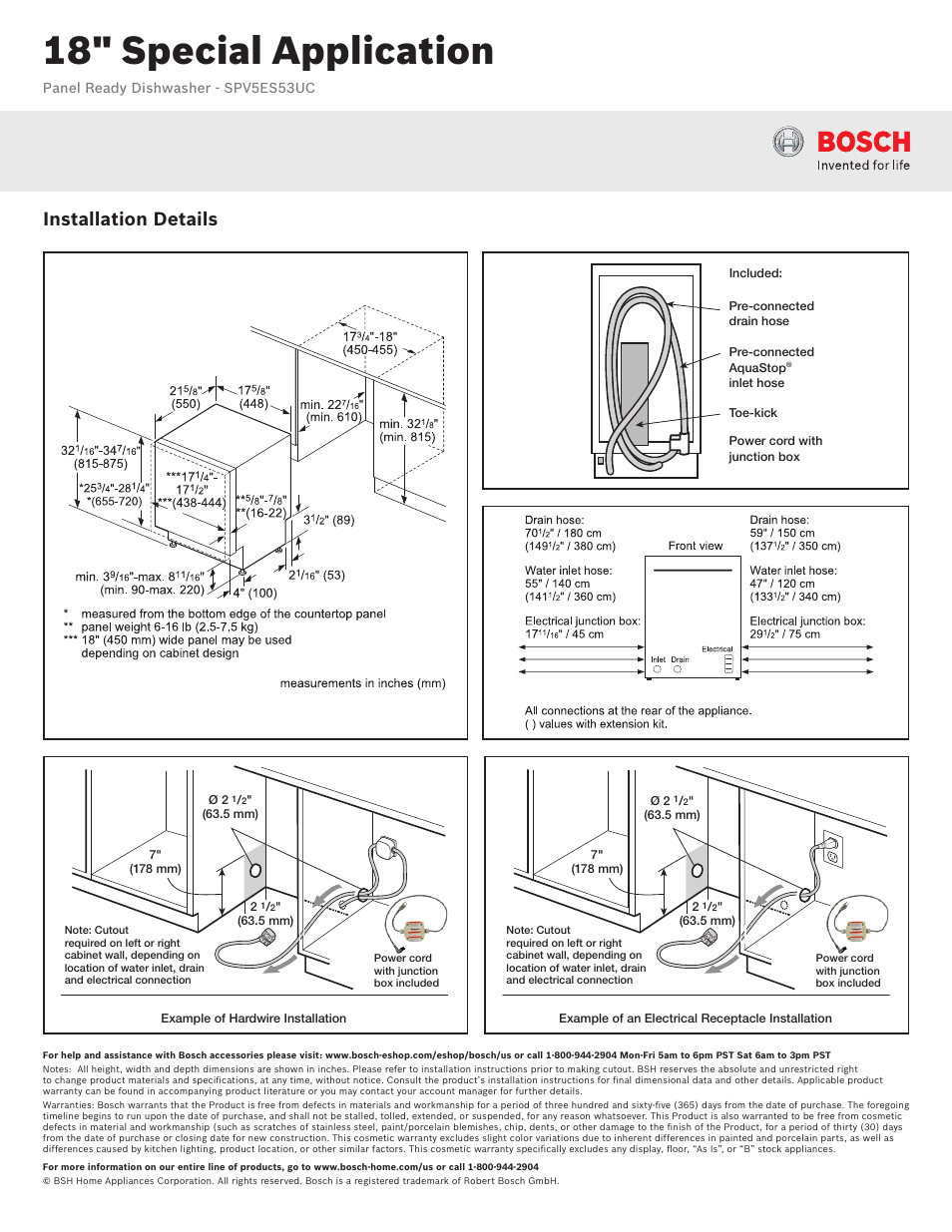 18" special application, Installation details | Bosch SPV5ES53UC User Manual | Page 2 / 3