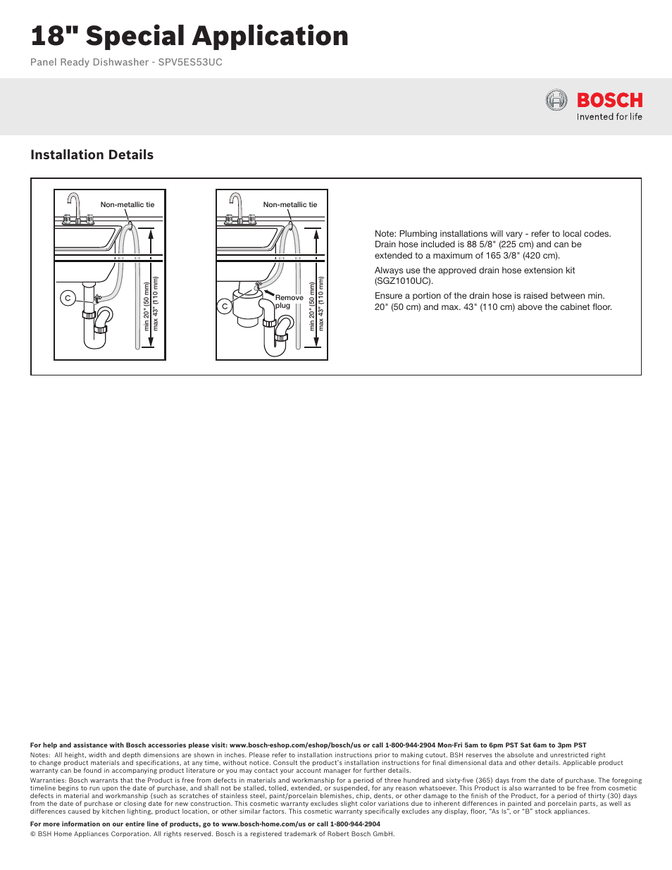 18" special application, Installation details | Bosch SPV5ES53UC User Manual | Page 3 / 3