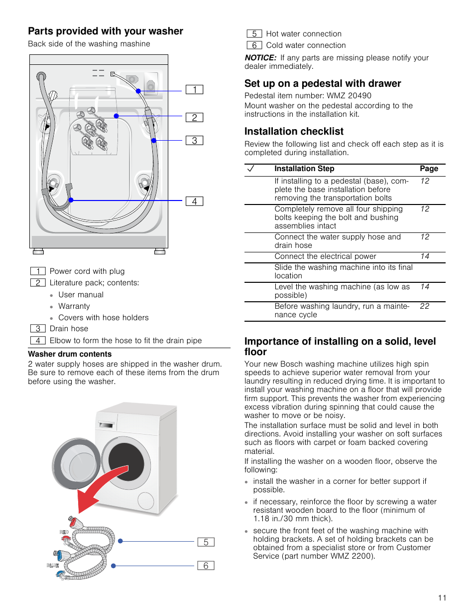 Parts provided with your washer, Notice, Set up on a pedestal with drawer | Installation checklist, Importance of installing on a solid, level floor | Bosch WAP24202UC User Manual | Page 11 / 36