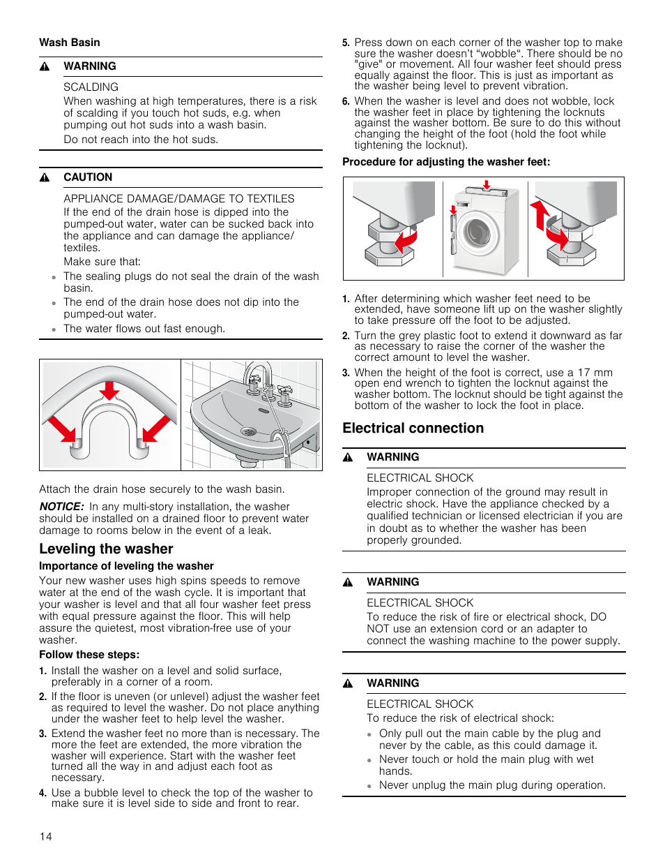 9 warning, Scalding, 9 caution | Appliance damage/damage to textiles, Notice, Leveling the washer, Electrical connection, Electrical shock, To reduce the risk of electrical shock, Leveling the washer electrical connection | Bosch WAP24202UC User Manual | Page 14 / 36