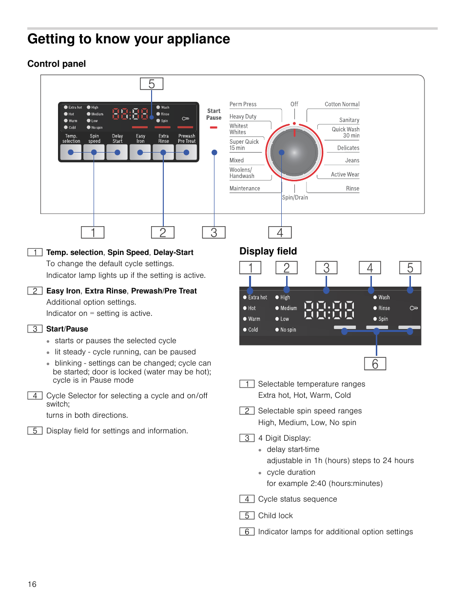 Getting to know your appliance, Control panel, Display field | Our appliance control panel display field | Bosch WAP24202UC User Manual | Page 16 / 36