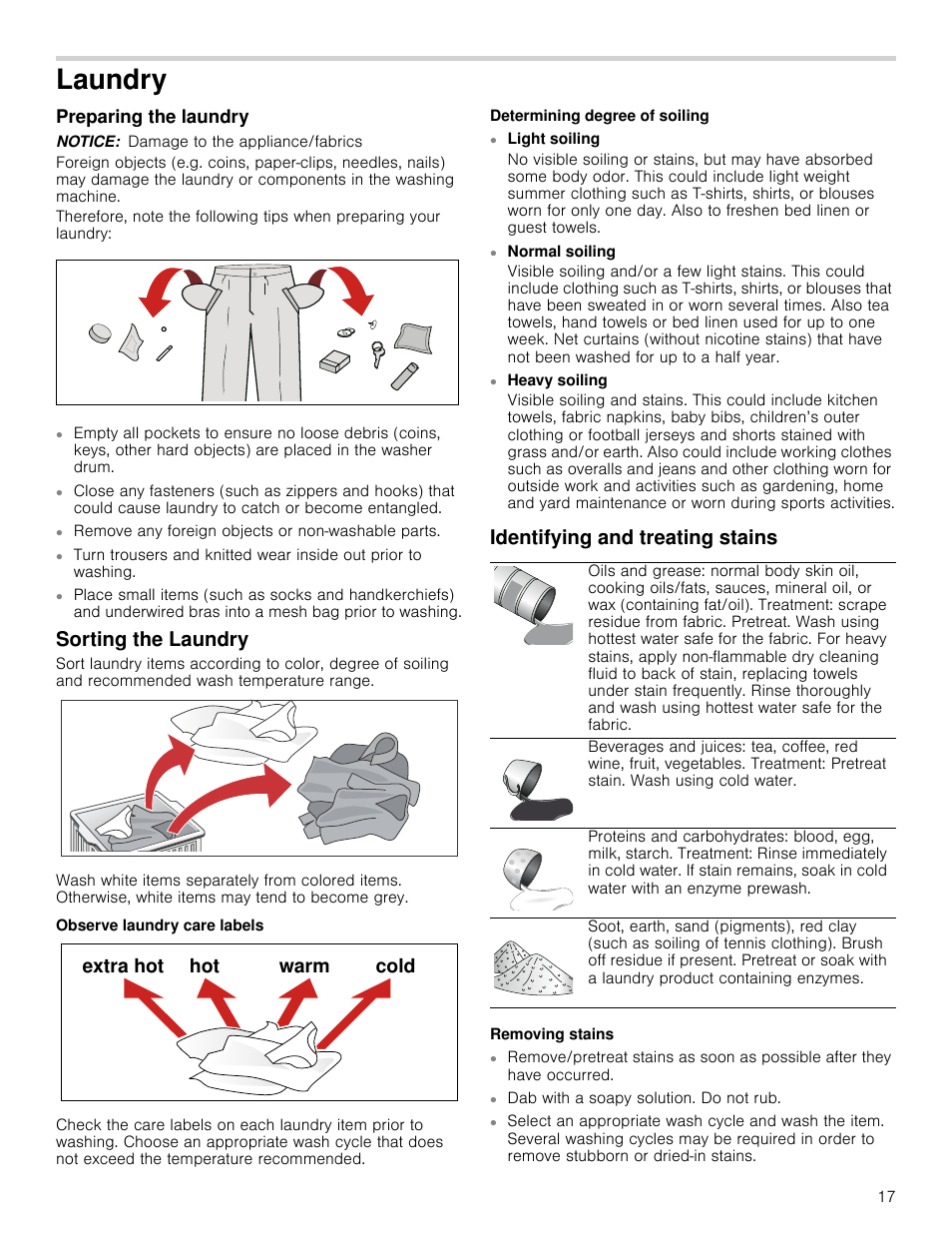 Laundry, Preparing the laundry, Notice | Sorting the laundry, Identifying and treating stains, H[wudkrw krw zdup frog | Bosch WAP24202UC User Manual | Page 17 / 36