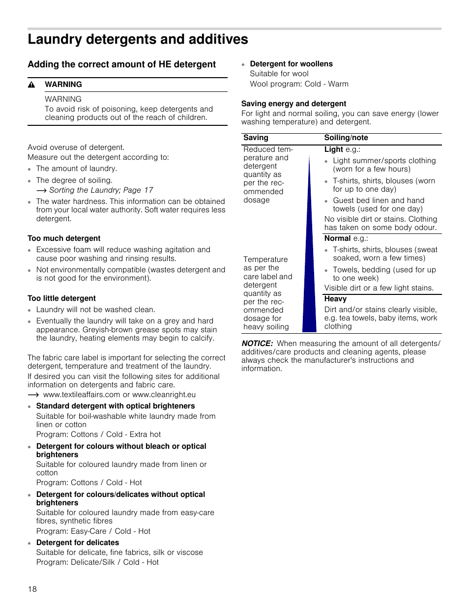 Laundry detergents and additives, Adding the correct amount of he detergent, 9 warning | Warning, Notice, Es adding the correct amount of he detergent | Bosch WAP24202UC User Manual | Page 18 / 36