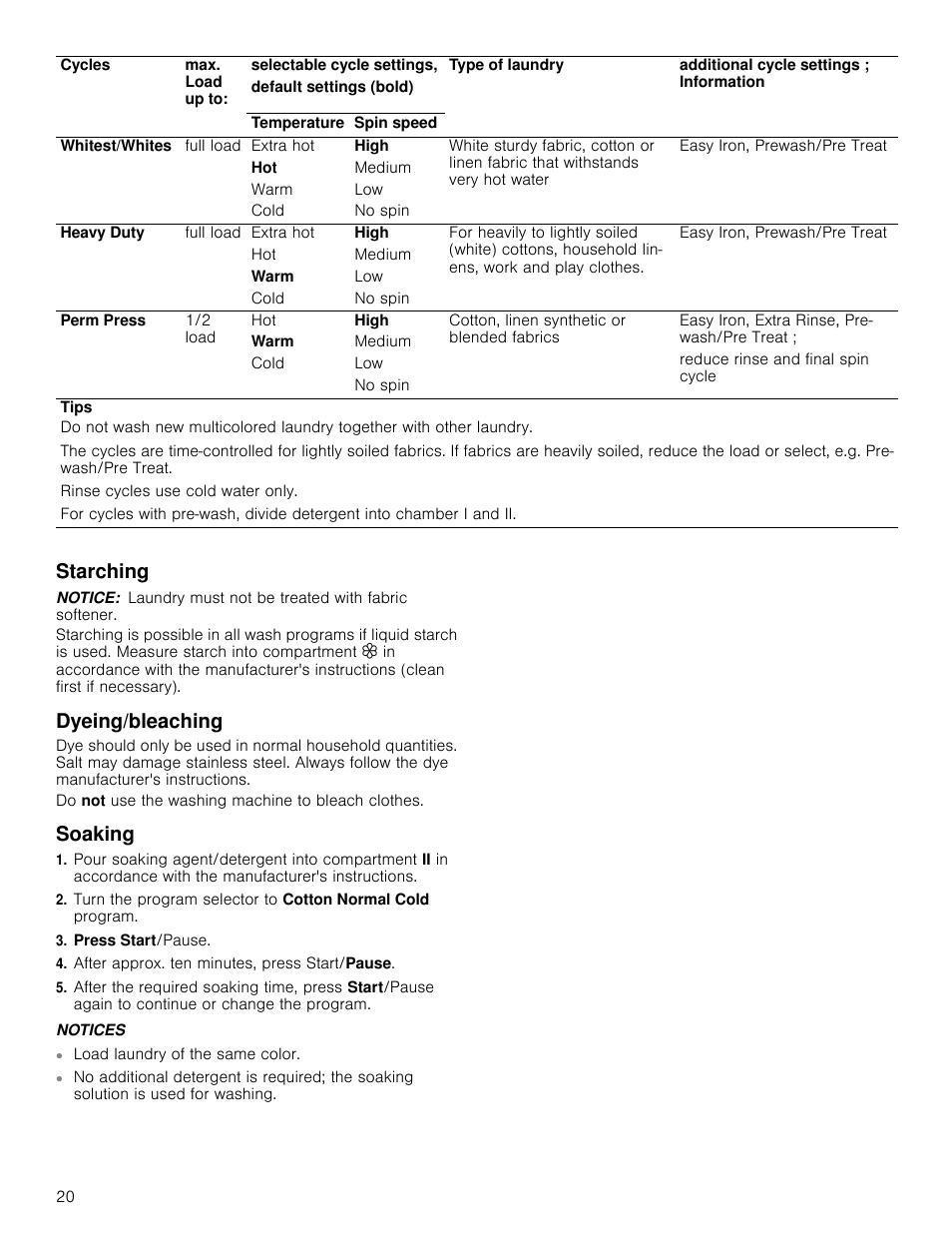 Tips, Starching, Notice | Dyeing/bleaching, Soaking, Press start/pause, After approx. ten minutes, press start/pause, Notices, Starching dyeing/bleaching soaking | Bosch WAP24202UC User Manual | Page 20 / 36