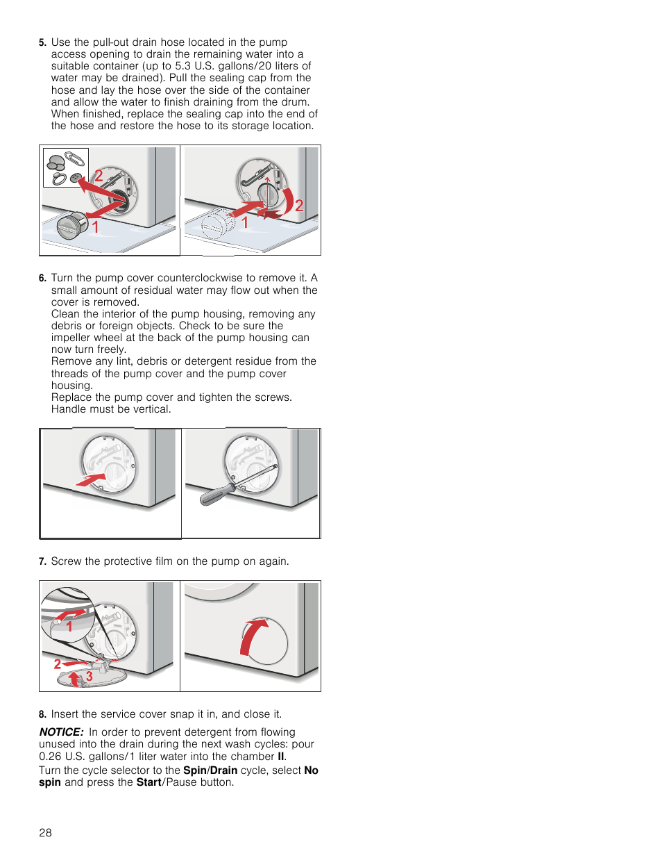 Screw the protective film on the pump on again, Insert the service cover snap it in, and close it, Notice | Bosch WAP24202UC User Manual | Page 28 / 36