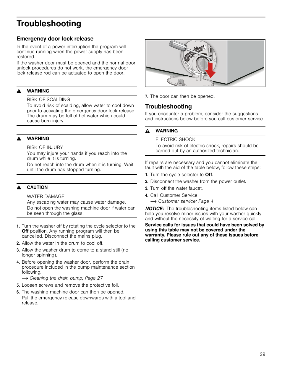 Troubleshooting, Emergency door lock release, 9 warning | Risk of scalding, Risk of injury, 9 caution, Water damage, Allow the water in the drum to cool off, Loosen screws and remove the protective foil, The washing machine door can then be opened | Bosch WAP24202UC User Manual | Page 29 / 36