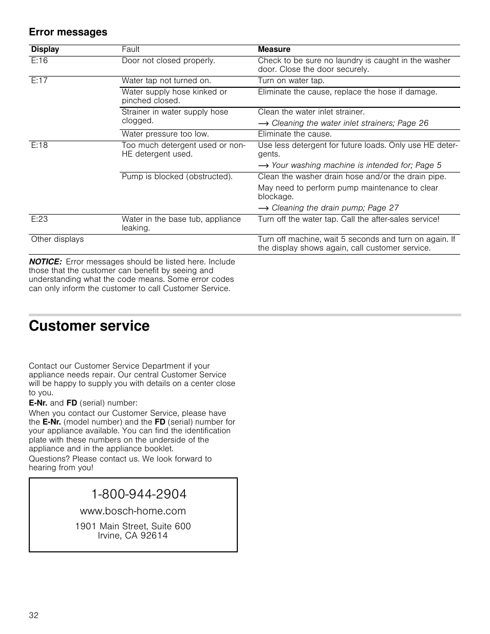 Error messages, Notice, Customer service | Vice | Bosch WAP24202UC User Manual | Page 32 / 36