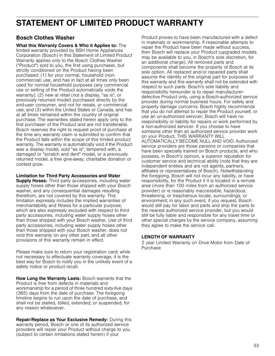 Statement of limited product warranty, Bosch clothes washer, Y bosch clothes washer | Bosch WAP24202UC User Manual | Page 33 / 36