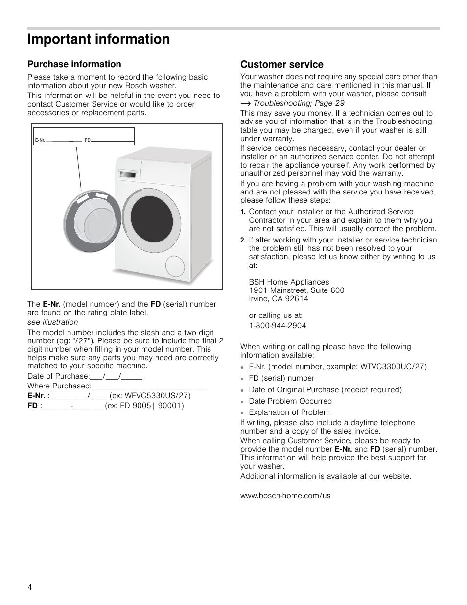 Important information, Purchase information, Customer service | Ormation purchase information customer service | Bosch WAP24202UC User Manual | Page 4 / 36