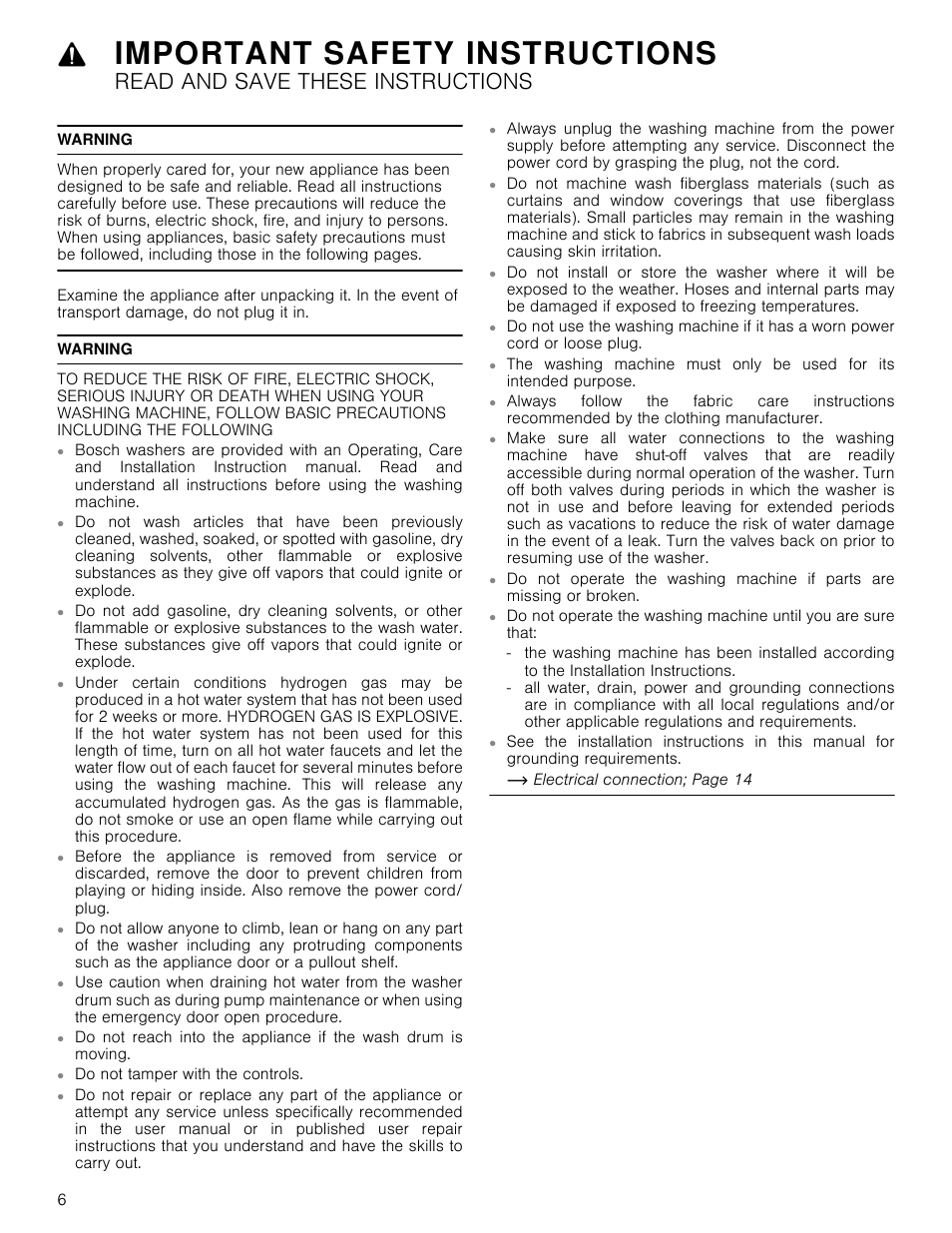 Important safety instructions, Read and save these instructions, Warning | Uctions, Do not tamper with the controls | Bosch WAP24202UC User Manual | Page 6 / 36