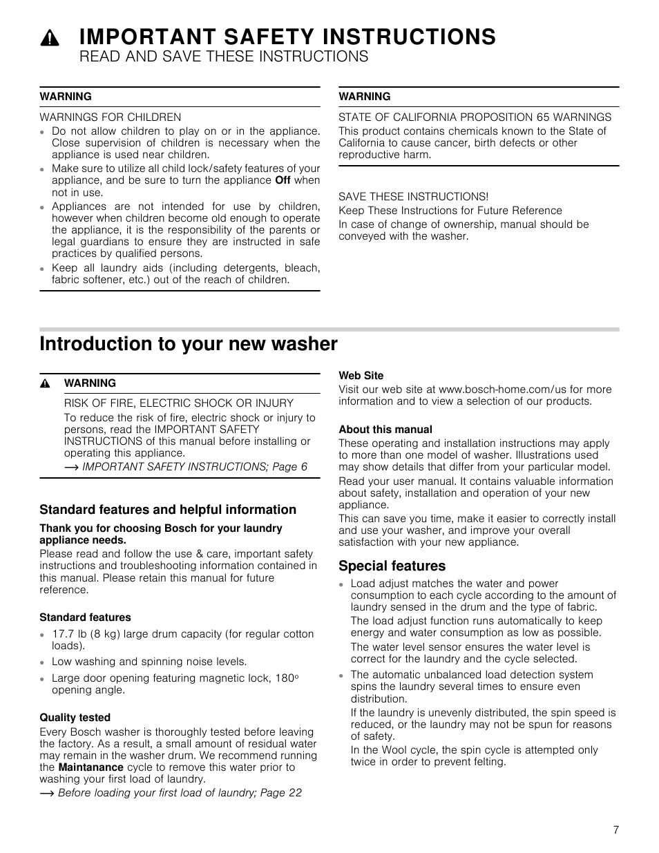 Important safety instructions, Read and save these instructions, Warning | Introduction to your new washer, 9 warning, Risk of fire, electric shock or injury, Standard features and helpful information, Special features, Warning warnings for children, Low washing and spinning noise levels | Bosch WAP24202UC User Manual | Page 7 / 36