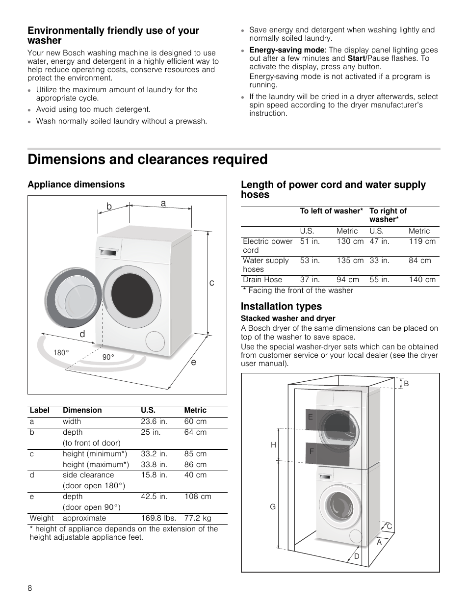 Environmentally friendly use of your washer, Dimensions and clearances required, Appliance dimensions | Length of power cord and water supply hoses, Installation types, De f g h | Bosch WAP24202UC User Manual | Page 8 / 36