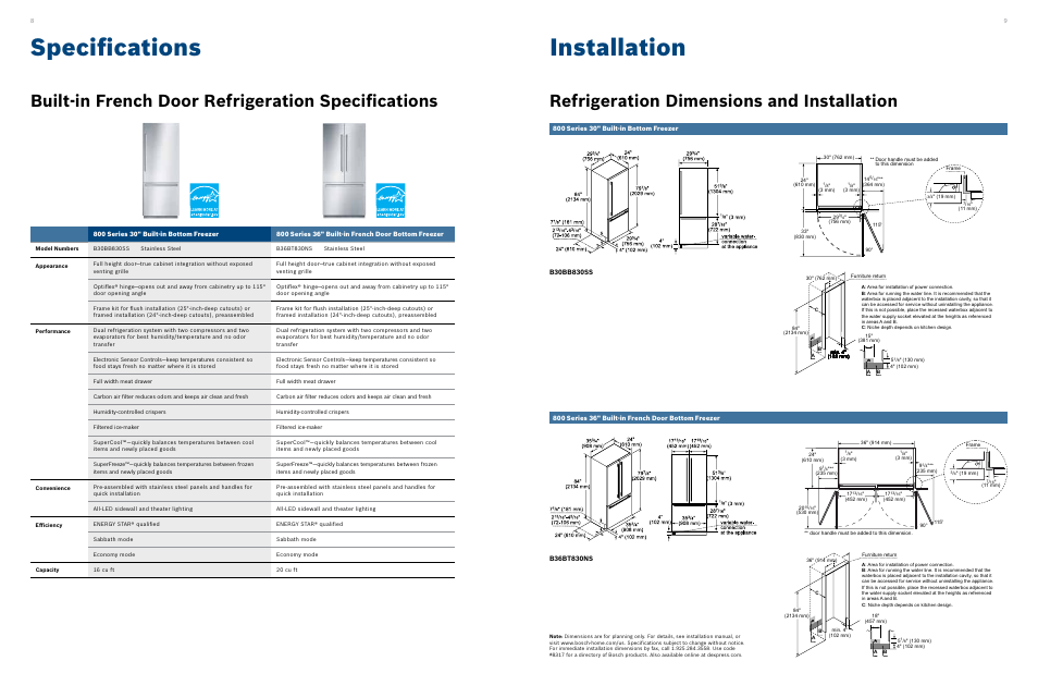 Specifications installation, Built-in french door refrigeration specifications, Refrigeration dimensions and installation | Bosch B30IB800SP User Manual | Page 6 / 7