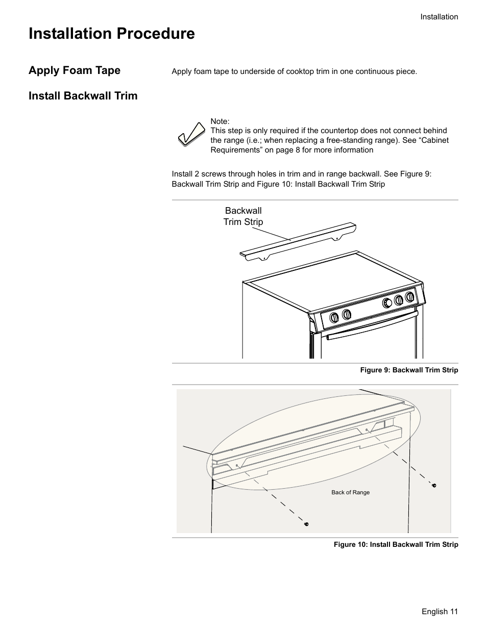 Installation procedure, Apply foam tape, Install backwall trim | Bosch HDI7282U User Manual | Page 13 / 80