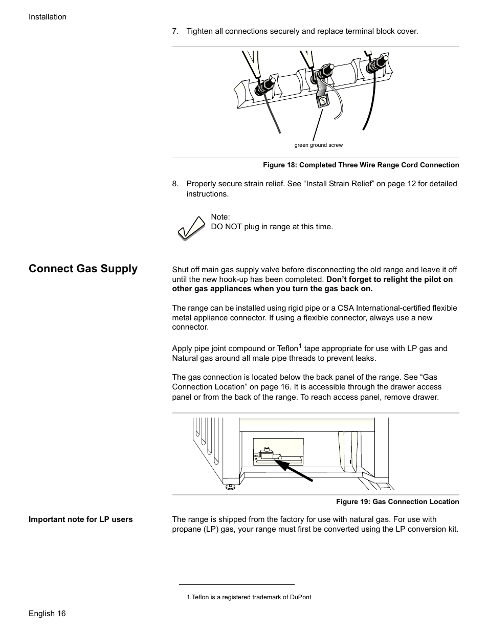 Connect gas supply, Important note for lp users | Bosch HDI7282U User Manual | Page 18 / 80