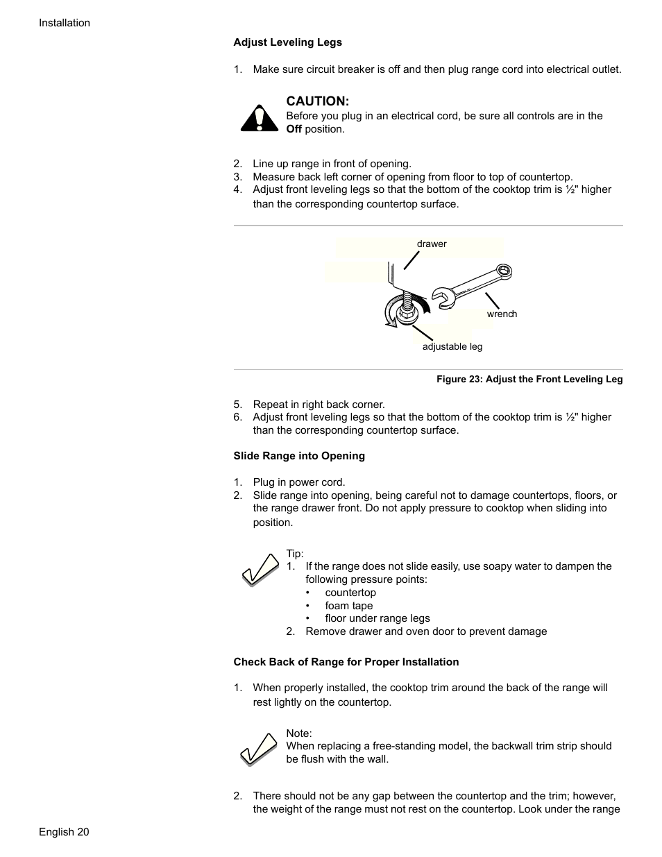 Line up range in front of opening, Repeat in right back corner, Plug in power cord | Remove drawer and oven door to prevent damage | Bosch HDI7282U User Manual | Page 22 / 80