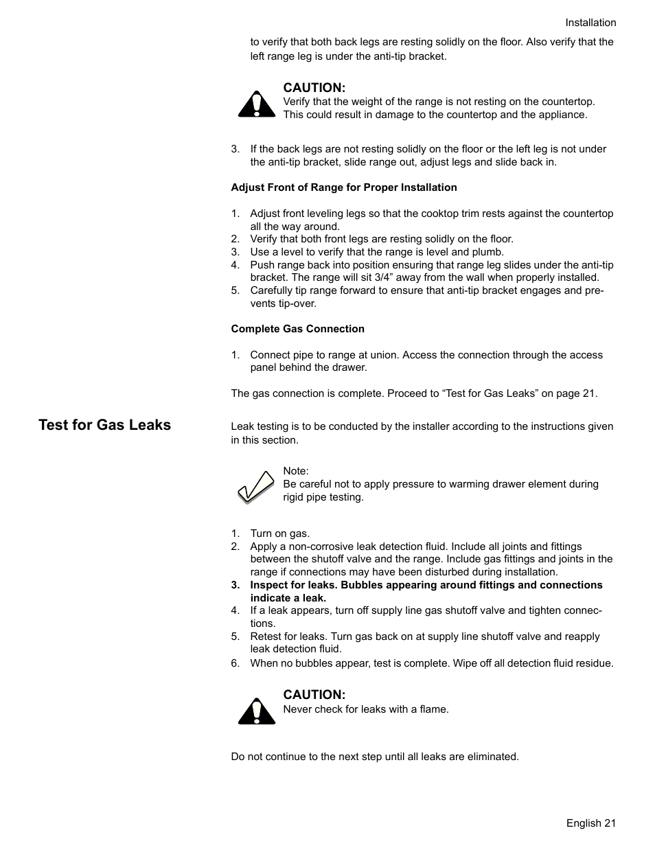 Test for gas leaks, Turn on gas | Bosch HDI7282U User Manual | Page 23 / 80