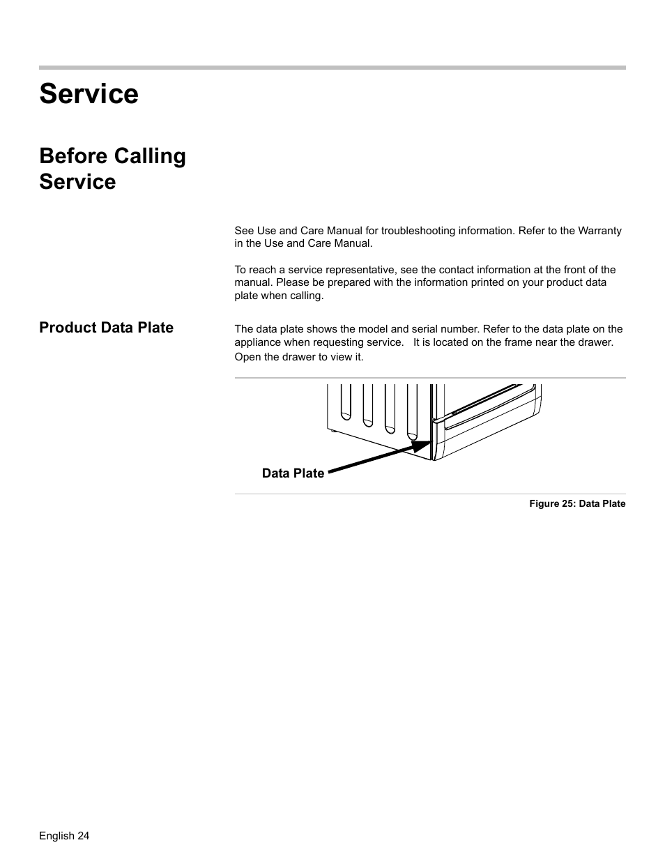 Before calling service, Product data plate, Service | Bosch HDI7282U User Manual | Page 26 / 80