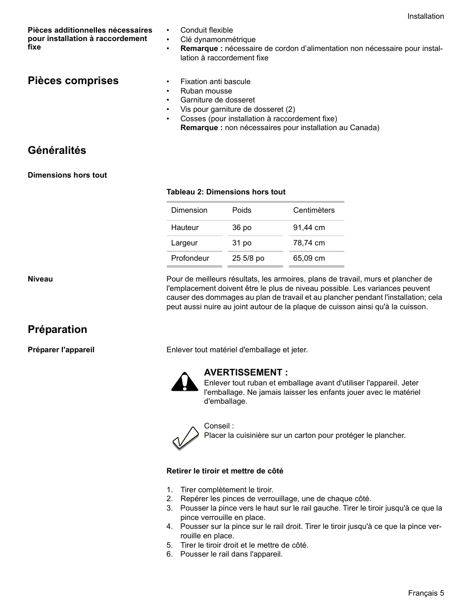 Pièces comprises, Généralités, Dimensions hors tout | Tableau 2: dimensions hors tout, Niveau, Préparation, Préparer l'appareil, Tirer complètement le tiroir, Tirer le tiroir droit et le mettre de côté, Pousser le rail dans l'appareil | Bosch HDI7282U User Manual | Page 33 / 80