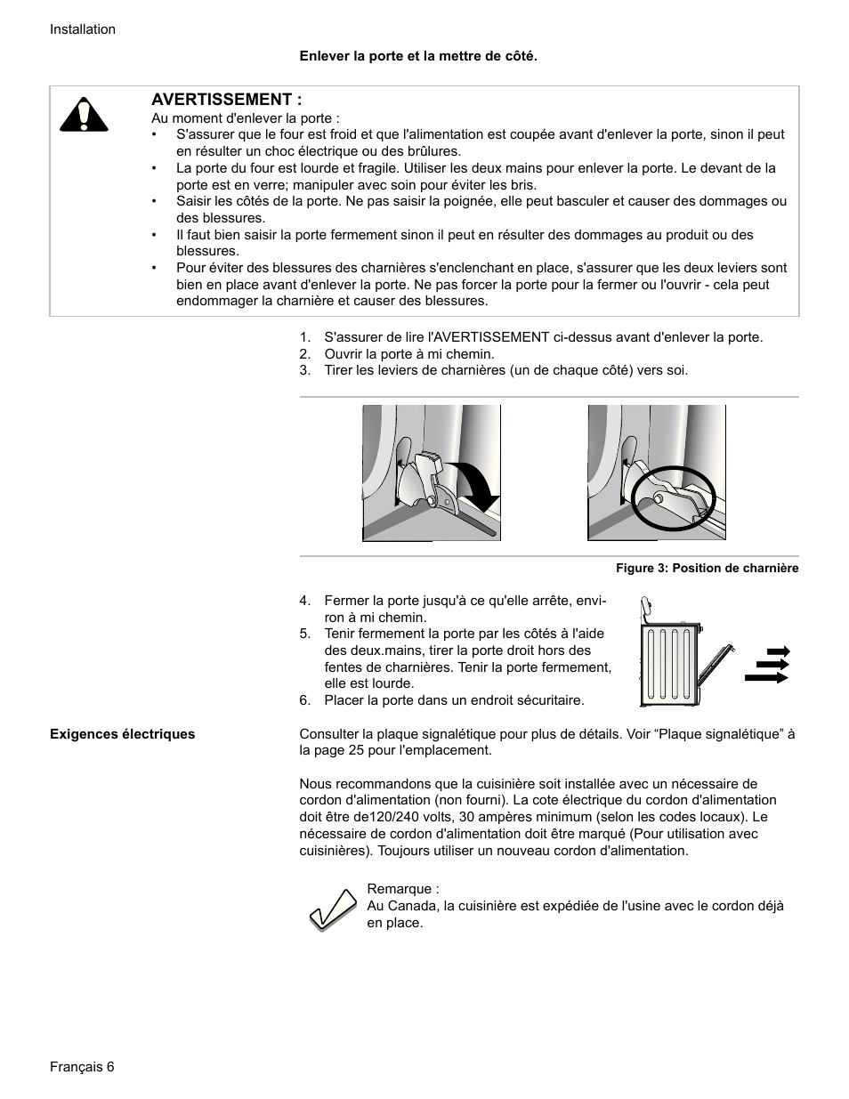 Ouvrir la porte à mi chemin, Placer la porte dans un endroit sécuritaire, Exigences électriques | Avertissement | Bosch HDI7282U User Manual | Page 34 / 80