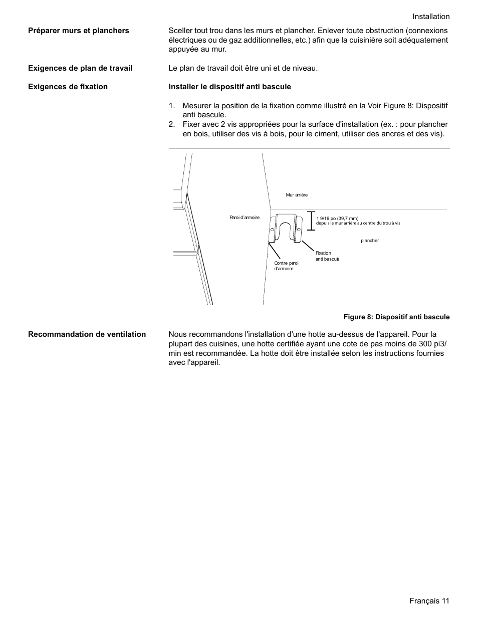 Préparer murs et planchers, Exigences de plan de travail, Exigences de fixation | Recommandation de ventilation | Bosch HDI7282U User Manual | Page 39 / 80