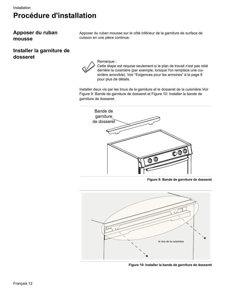 Procédure d'installation, Apposer du ruban mousse, Installer la garniture de dosseret | Bosch HDI7282U User Manual | Page 40 / 80