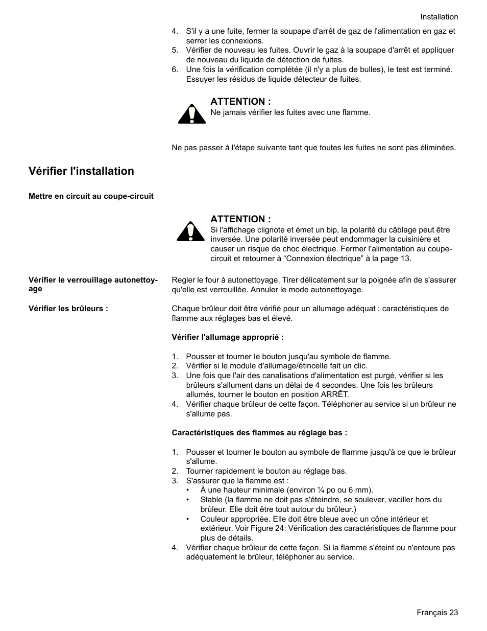 Vérifier l'installation, Mettre en circuit au coupe-circuit, Vérifier le verrouillage autonettoyage | Vérifier les brûleurs, Tourner rapidement le bouton au réglage bas, S'assurer que la flamme est | Bosch HDI7282U User Manual | Page 51 / 80
