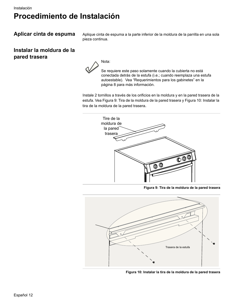 Procedimiento de instalación, Aplicar cinta de espuma, Instalar la moldura de la pared trasera | Bosch HDI7282U User Manual | Page 66 / 80