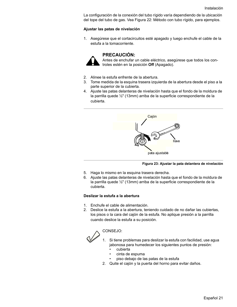 Alinee la estufa enfrente de la abertura, Haga lo mismo en la esquina trasera derecha, Enchufe el cable de alimentación | Bosch HDI7282U User Manual | Page 75 / 80