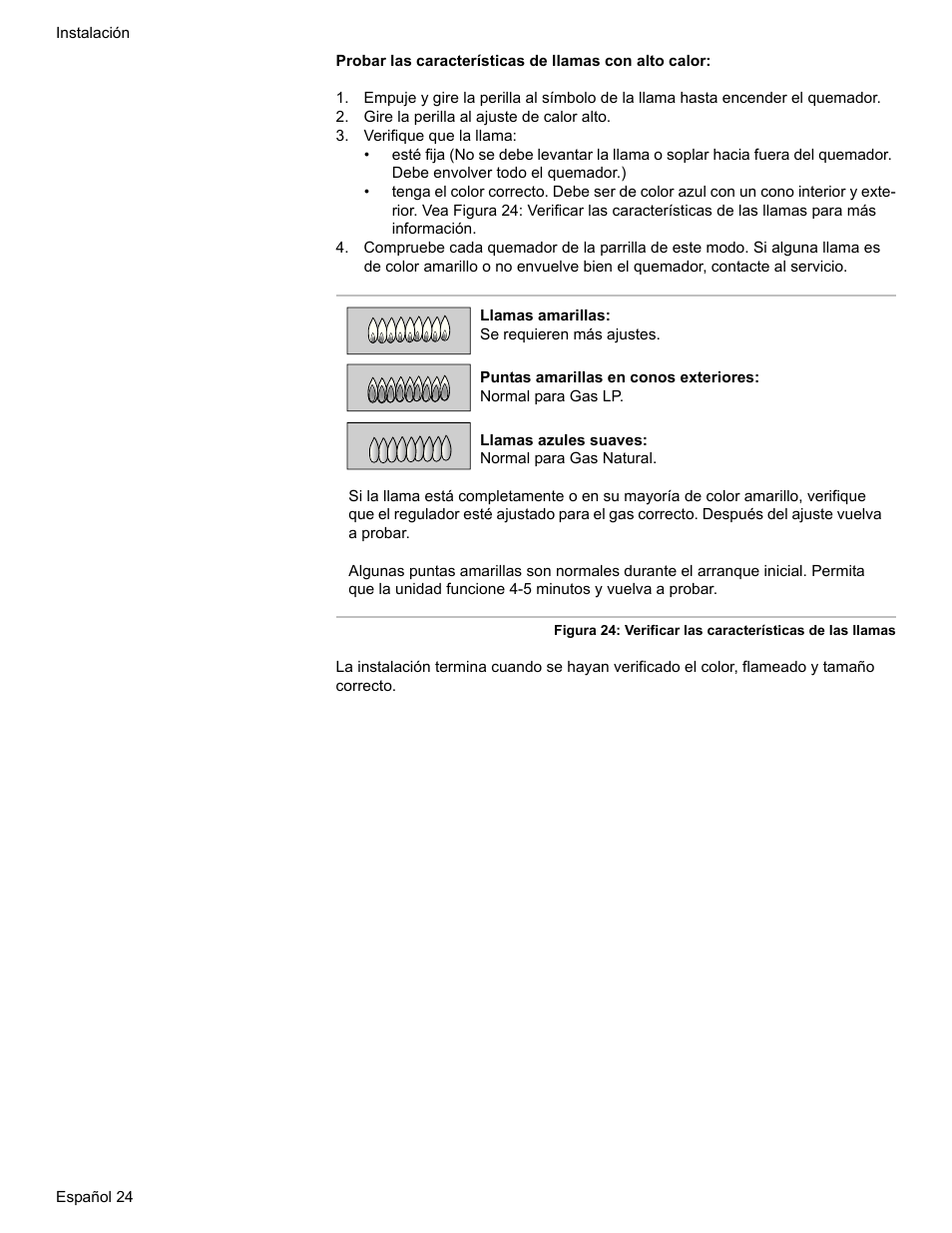 Gire la perilla al ajuste de calor alto, Verifique que la llama | Bosch HDI7282U User Manual | Page 78 / 80