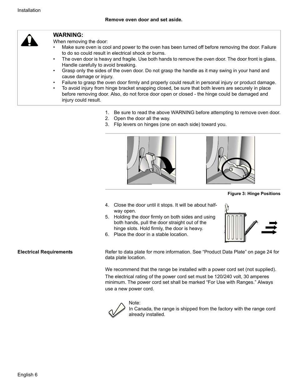 Open the door all the way, Place the door in a stable location, Electrical requirements | Warning | Bosch HDI7282U User Manual | Page 8 / 80
