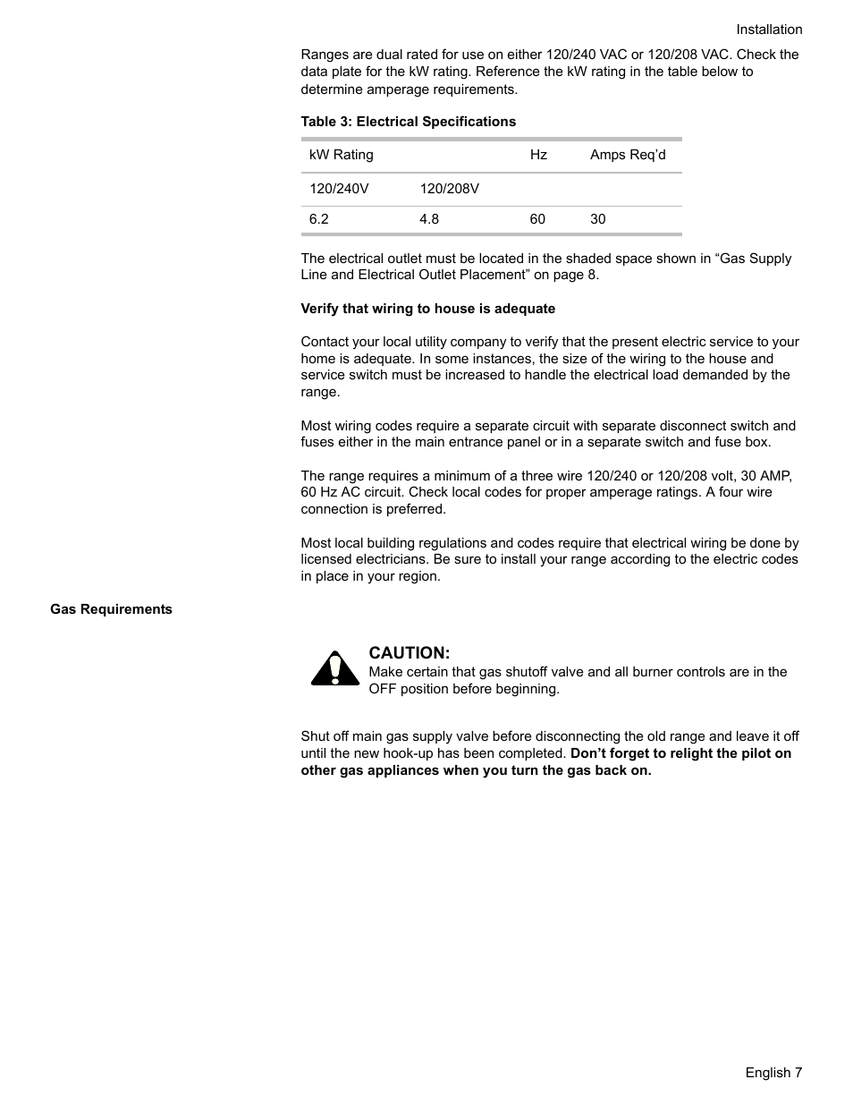 Table 3: electrical specifications, Gas requirements | Bosch HDI7282U User Manual | Page 9 / 80