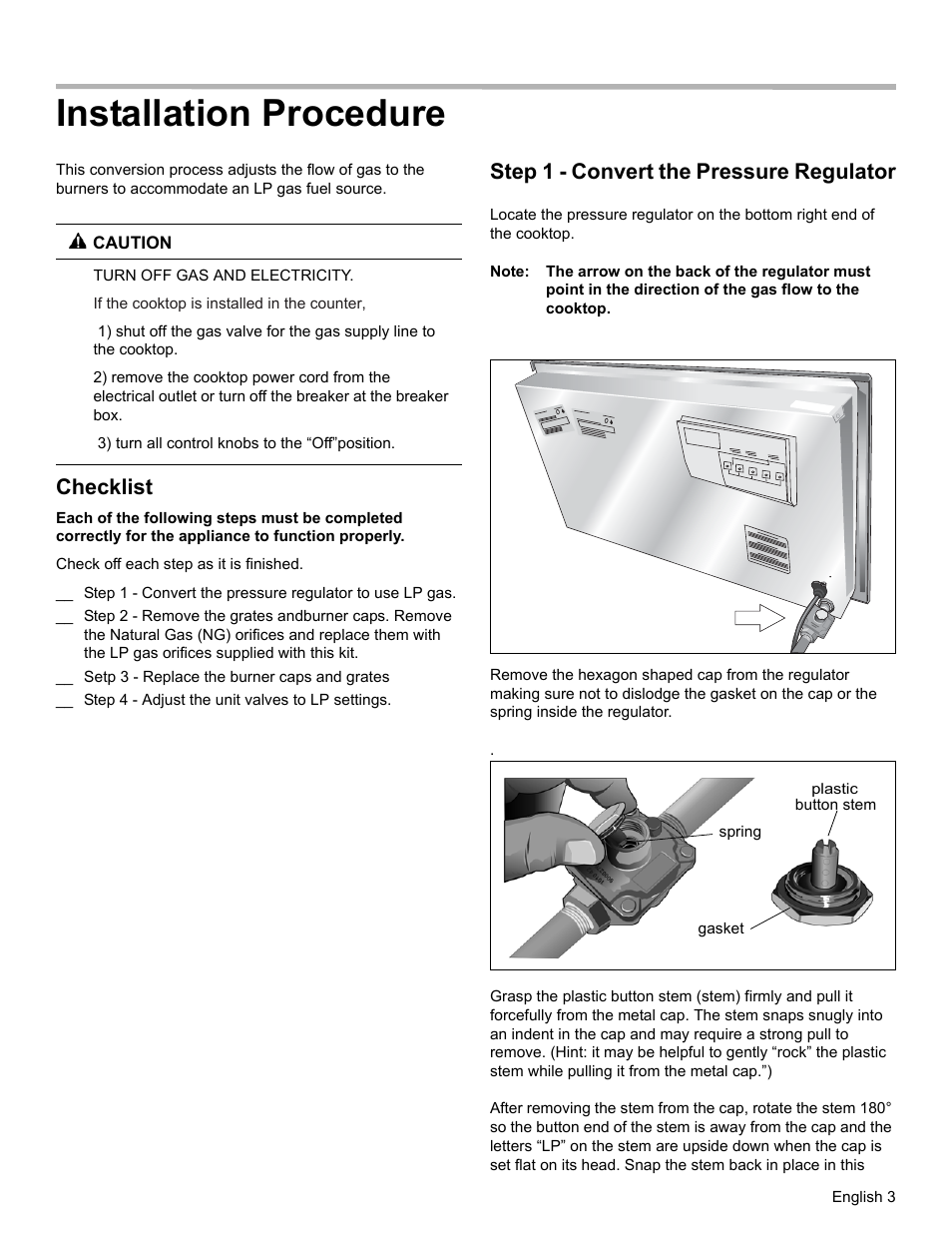 Installation procedure, Checklist, Step 1 - convert the pressure regulator | Bosch NGM8055UC User Manual | Page 5 / 24